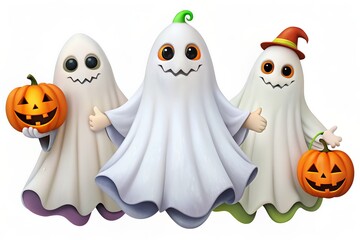 Obraz premium Three cute ghosts holding jack-o'-lanterns, ready for Halloween.