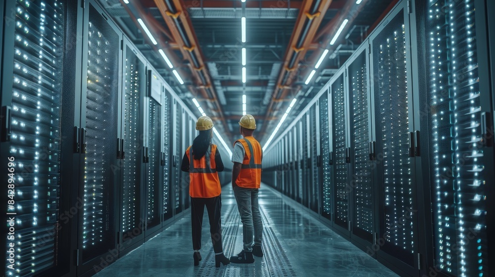 Poster two technicians in safety vests and hard hats inspect servers in a modern data center with glowing l