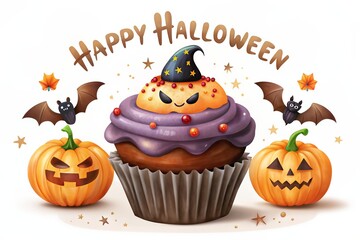 Adorable Halloween-themed cupcake with jack-o'-lanterns and bats.