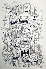illustrated doodle pencil drawing, group of cartoon characters in graffiti style, illustration // ai-generated 