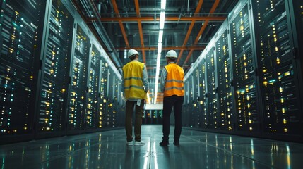 Two technicians in safety vests and hard hats inspect servers in a modern data center with glowing lights. Saver it digital