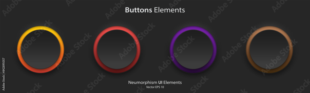 Aufkleber A set of black blank round buttons with light neon colorful. 3D Neumorphism buttons design style for Apps, Websites, Interfaces, and mobile apps. UI UX. Vector illustration.