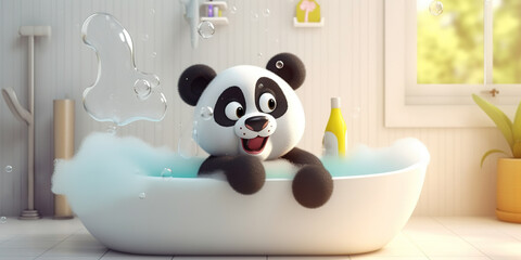 Illustration Of Cartoon Funny Panda Washes In Bathroom With Soap Bubbles