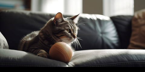 Cat Playing With A Ball Of Knitted Thread On A Sofa