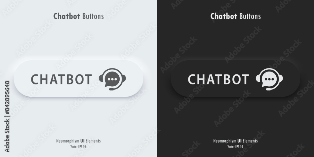Poster Chatbot sign. A set of black and white buttons with Chatbot symbols. Icon in trendy neumorphic style. 3D Neumorphism design style for Apps, Websites, Interfaces, and mobile app. UI UX.