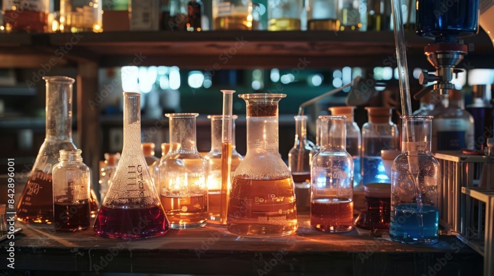 Poster a laboratory setup with flasks and tubes demonstrates a complex chemical synthesis.