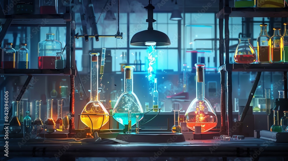 Poster a laboratory setup with flasks and tubes demonstrates a complex chemical synthesis.