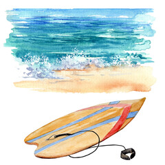 Surfboard and the Seashore watercolor illustration. Board isolated