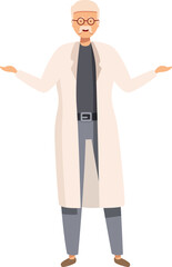 Senior scientist explaining something with open arms, wearing lab coat and glasses