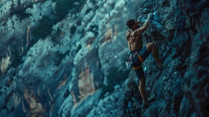 Fototapeta premium A climber ascending a steep, rugged cliff face, highlighting the intensity and thrill of rock climbing. 