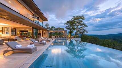 Fototapeta premium A luxurious sea house with panoramic ocean views, spacious balconies, and modern glass architecture