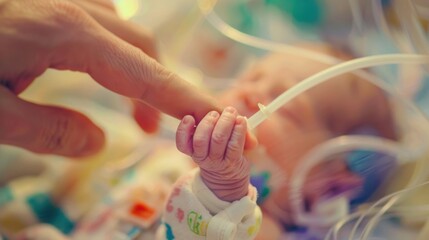 An intimate scene of a newborn in a neonatal intensive care unit, with a focus on the baby's small hand being gently held by an adult, symbolizing love and support.