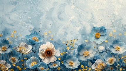 abstract watercolor light blue and gold voluminous peonies. floral mural background