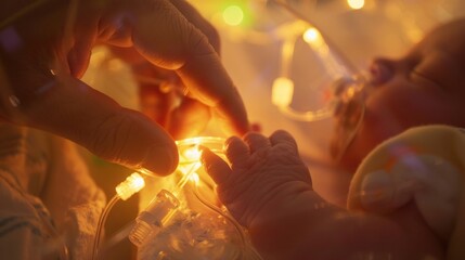 A touching moment of a newborn in an incubator, with tiny fingers grasping an adult's hand, illuminated by the soft glow of medical equipment in a neonatal intensive care unit.