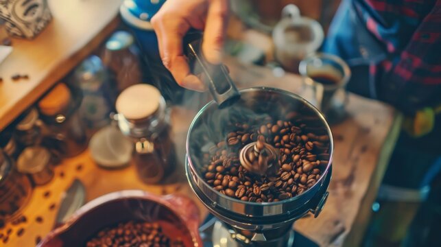 A morning ritual of grinding fresh coffee beans for the perfect cup of joe