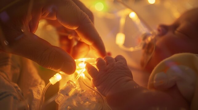 A touching moment of a newborn in an incubator, with tiny fingers grasping an adult's hand, illuminated by the soft glow of medical equipment in a neonatal intensive care unit.