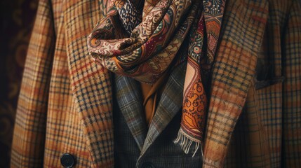 A patterned scarf draped over a vintage coat, adding a touch of elegance to the ensemble.