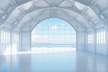 A large bright arch-shaped hangar inside, illustration