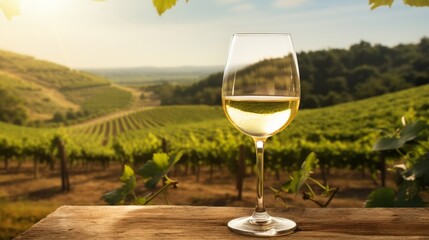 Serene vineyard view with a glass of white wine, showcasing lush greenery, rolling hills, and a tranquil atmosphere at sunset.