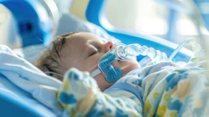 A baby sleeps peacefully in a hospital bed with a nasal cannula, emphasizing the care and medical attention provided in neonatal intensive care units.