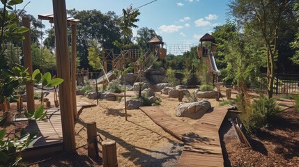 A playground adjacent to a community garden, encouraging children to explore nature and gardening