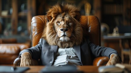 A lion's head on a human body in a suit poses at a desk, embodying confidence and power