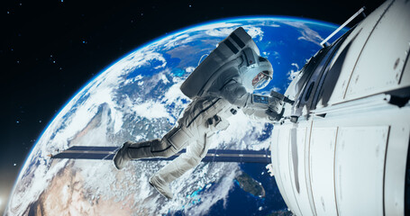 Portrait of a Handsome Young Astronaut Investigating a Satellite in Outer Space. Brave Trained Professional in a Space Suit Performing Extravehicular Activity Outside the Spacecraft © Gorodenkoff