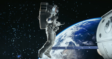 Astronaut Conducting Spacewalk Near Spacecraft, Earth in Background, Wearing Advanced Spacesuit, Floating in Zero Gravity. Cosmos Invites Scientific Discovery and Technological Achievement.