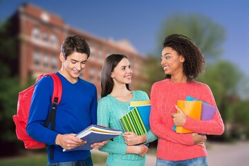 Group of cheerful college students in a campus park