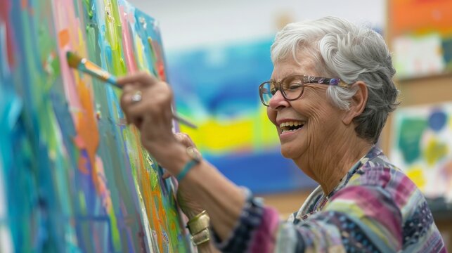 Senior woman painting on a canvas in a vibrant art class