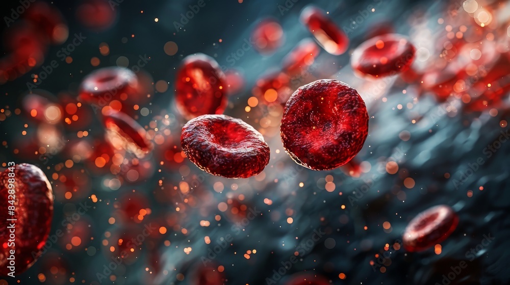 Poster an impressive digital rendering of red blood cells in a dynamic, flowing motion
