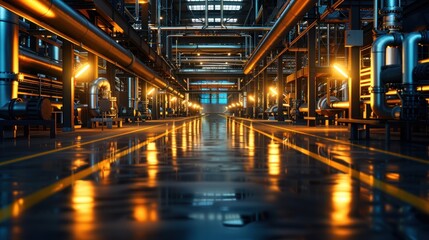 Fototapeta premium A large industrial building with a long hallway and many pipes