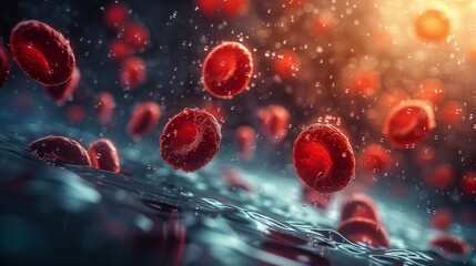 This digital artwork captures red blood cells in a bright, high-contrast environment