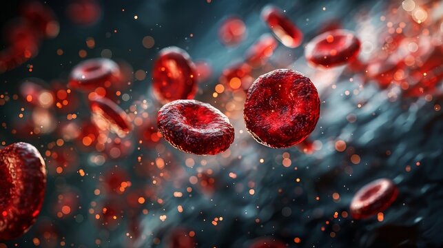 An impressive digital rendering of red blood cells in a dynamic, flowing motion