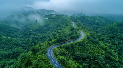 Fototapeta premium Aerial view of a curvy mountain road surrounded by dense fog and vibrant green forest Perfect for illustrating travel and nature themes