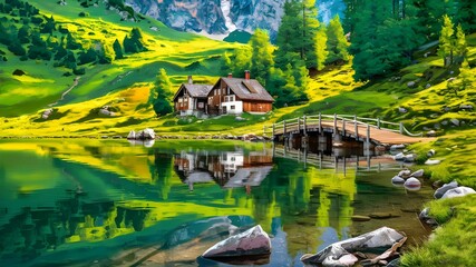 Fototapeta premium Alpine Tranquility Idyllic Lake Amidst Lush Meadows in the Mountains
