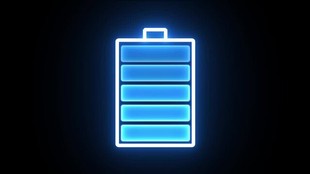 Neon battery fast charging animation and glowing animated battery icon . Abstract bright sign of the neon battery charging icon on the black background. 