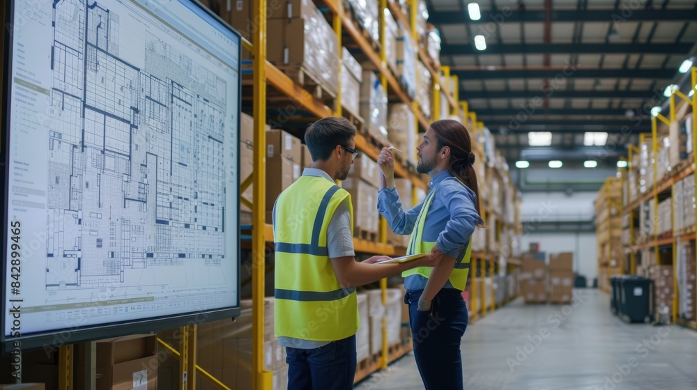Poster group of professional warehouse worker working together while planning and looking at monitor. smart