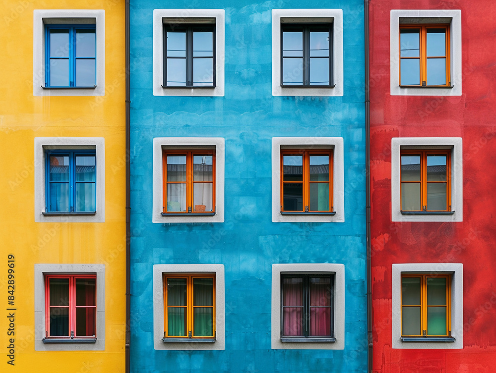 Poster vibrant multicolored building front with windows