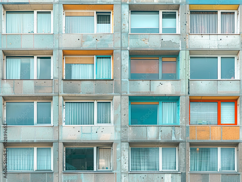 Poster modern apartment building with colorful window frames