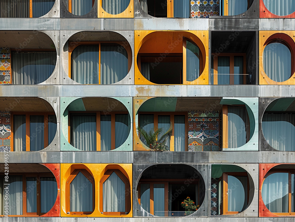Poster vibrant apartment building with circular patterns