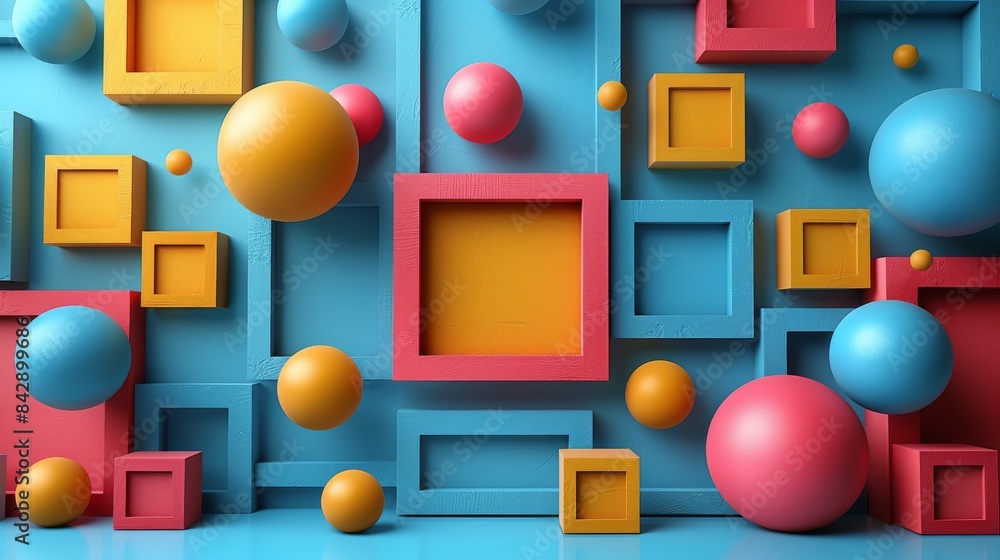 Poster 3d rendering of squares and spheres playfully arranged on a saturated blue backdrop