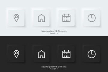 Fototapeta premium Appointment sign. A set of black and white square buttons with appointment symbols. Location, address, date and time icon. 3D Neumorphism design style for Websites, Interfaces, and mobile apps. UI UX.