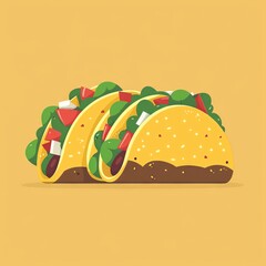 Three delicious tacos with fillings on yellow background.
