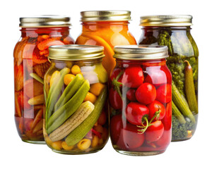 Jars of pickled vegetables, featuring a variety of colorful preserved vegetables in glass jars with lids, isolated on transparent background, png.