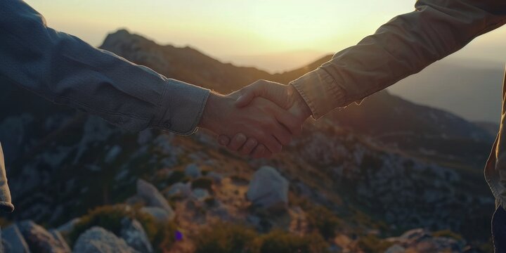 Two businessmen shaking hands on top of mountain, sunset, closeup, movie shot, giant, business giant, summit, climbing to the top, difficulty, overcoming the odds, winner, 4k HD wallpaper, background,