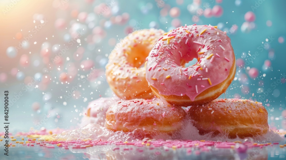 Poster stacked pink glazed donuts with sprinkles captured in a magical setting with bokeh effect, invoking 