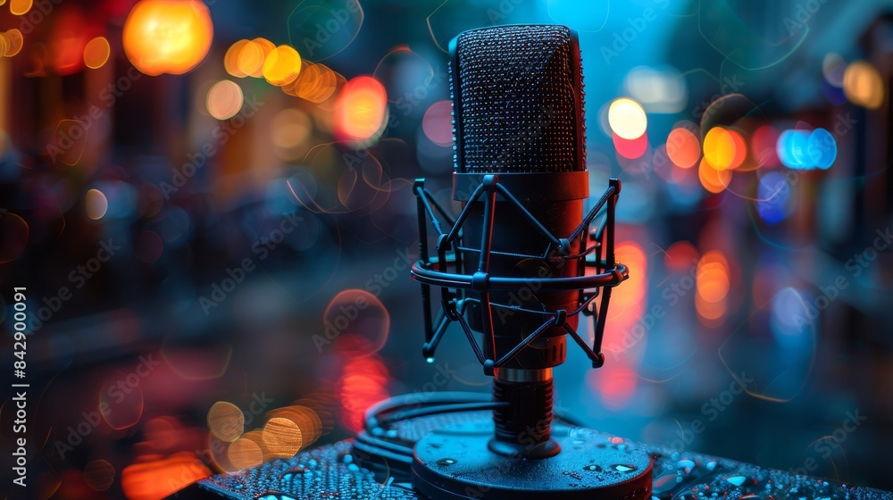 Poster a professional studio microphone with a shock mount in a reflective urban setting with colorful boke