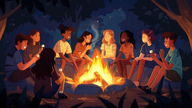 A diverse group of friends sitting around a campfire. - Powered by Adobe