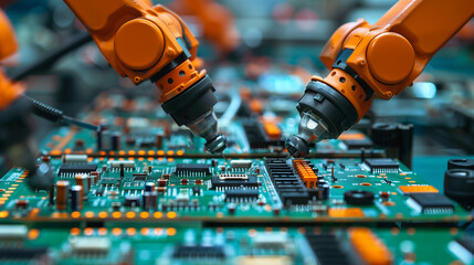 Robotic arms installing components on circuit boards in automated assembly